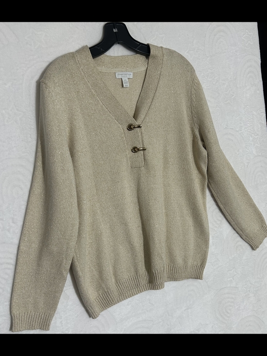 Christopher & Banks Sweaters - Charter Club Cream Metallic V-Neck Sweater with Toggle Detail